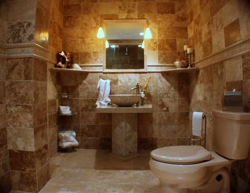 Travertine Bathroom Remodel with Pedestal Sink, Chicago Area - JW Construction & Design Studio Services