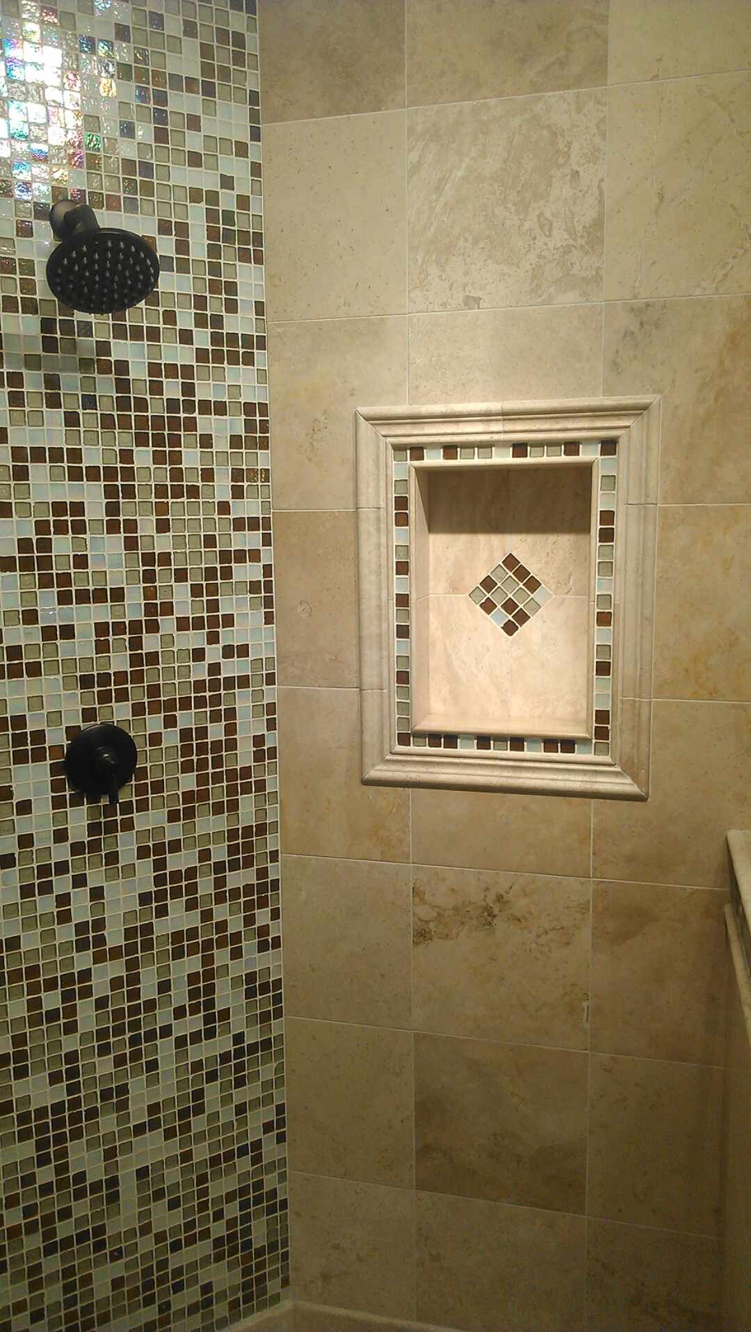 Travertine Shower with Glass Mosaic Water-Feature Wall & Shower Niche